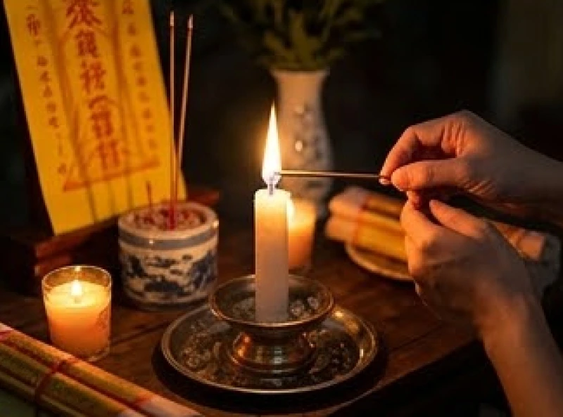 Văn khấn sao Thổ Tú chuẩn: Hướng dẫn sắm lễ và sơ đồ 5 ngọn nến 10 Bàn tay cẩn thận châm lửa từ ngọn nến trung tâm sang các cây nhang để chuẩn bị cắm vào bát hương trên mâm lễ vật