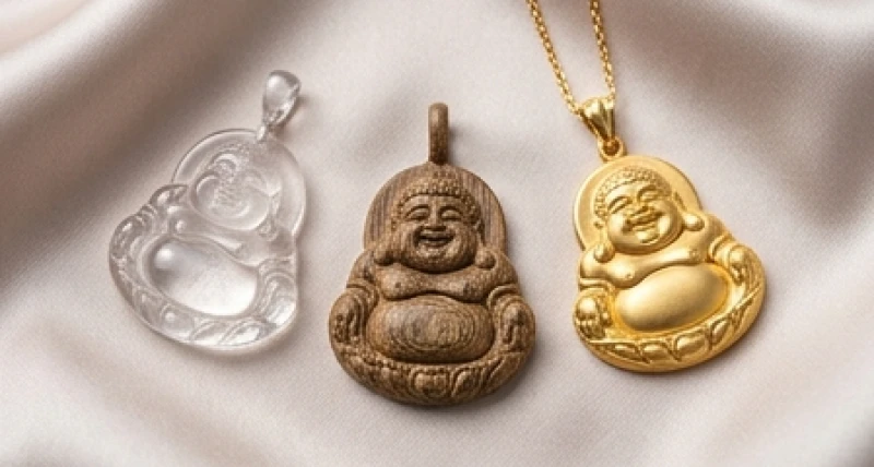 Ba mặt Phật bản mệnh làm từ đá thạch anh, gỗ trầm hương và vàng 18K đại diện cho các nhóm chất liệu phổ biến