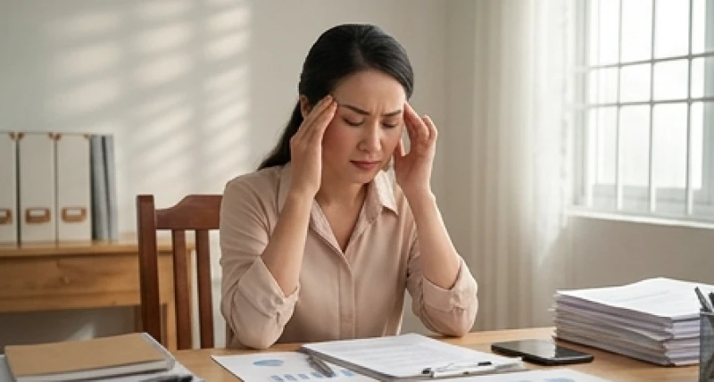 Hình Thái Tuế là gì: Phân loại chuẩn và bài cúng giải hạn tại nhà 3 Người phụ nữ đang xoa thái dương trầm tư bên bàn làm việc đầy giấy tờ