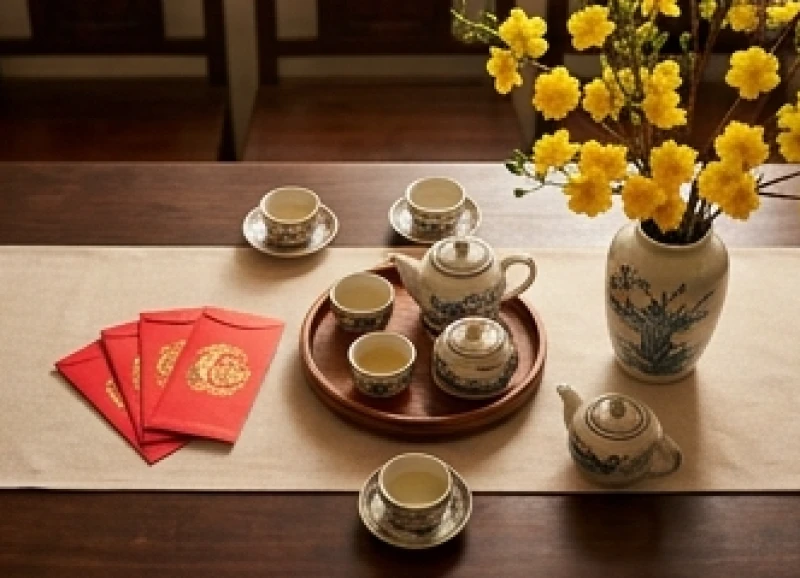 Mâm cơm ngày Tết và các phong bao lì xì đỏ được chuẩn bị cẩn thận nhằm thu hút vượng khí.