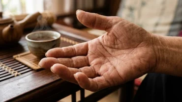 Hình ảnh bàn tay xòe rộng với các đường chỉ tay được chiếu sáng rõ nét trên nền không gian đậm chất Á Đông