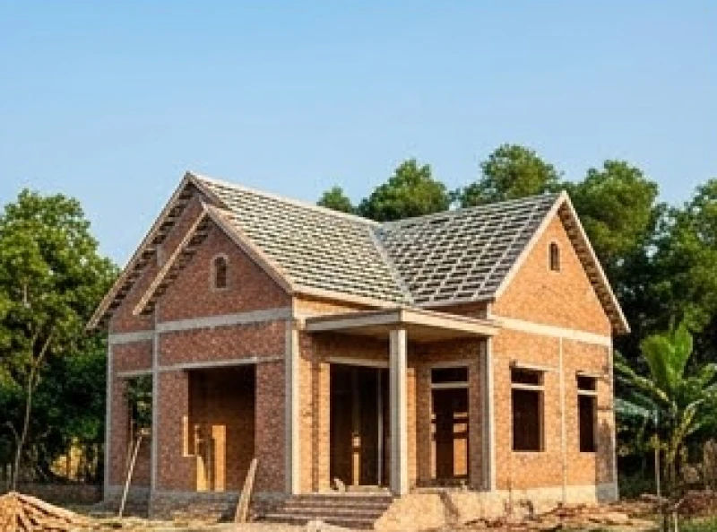 Ngôi nhà đang trong quá trình xây dựng với phần mái cất nóc đánh dấu cột mốc quan trọng tiếp theo