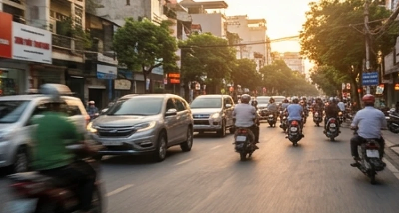 Đa dạng các loại phương tiện như ô tô và xe máy di chuyển tấp nập trên đường phố