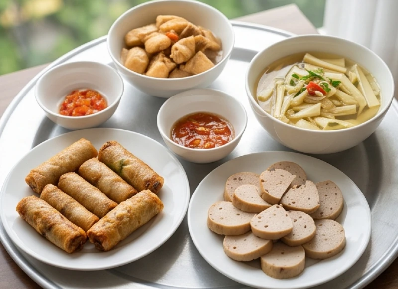 Các món ăn truyền thống trong mâm cúng như nem rán, giò lụa và canh măng được bày biện gọn trên đĩa