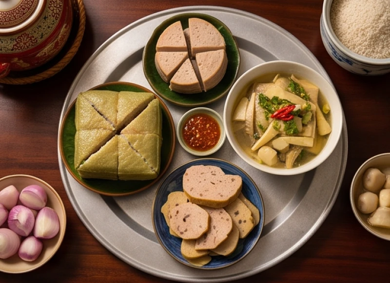 Bàn tiệc cúng tất niên truyền thống với các món ăn đặc trưng như bánh chưng, giò lụa và canh măng