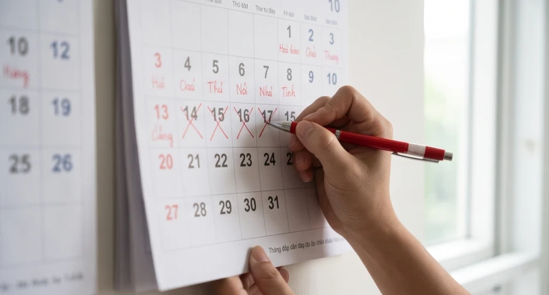 Bàn tay cầm bút đỏ gạch chéo những ngày xấu như Tam Nương và Nguyệt Kỵ trên tờ lịch