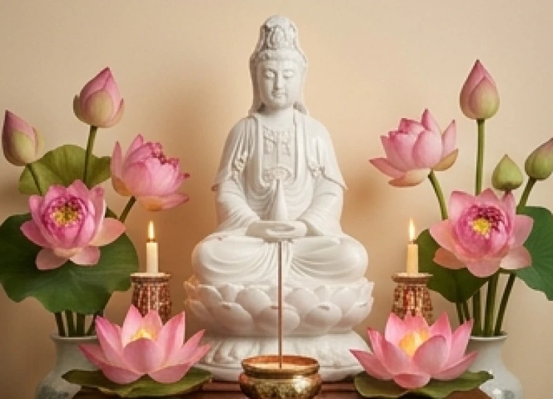 Văn khấn ngày vía Quan Âm: Bài cúng chuẩn 3 dịp vía và giờ tốt 1 Tượng Phật Bà Quan Thế Âm bằng sứ trắng được đặt trang trọng giữa những đóa sen hồng bung nở