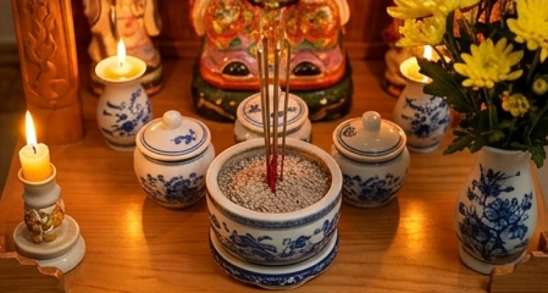 Bát hương đặt chính giữa bàn thờ cùng ba chóe nước, gạo, muối xếp thành hình tam giác cân đối