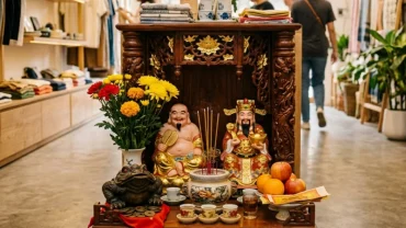 Không gian thờ cúng trang nghiêm với cách bài trí bàn thờ thần tài cho tuổi dần giúp thu hút vượng khí và tài lộc