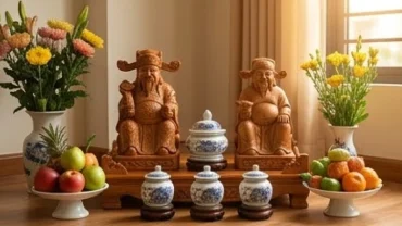 Cách bài trí bàn thờ thần tài cho tuổi hợi chuẩn phong thủy với tượng Thần Tài, Thổ Địa và hũ tài lộc