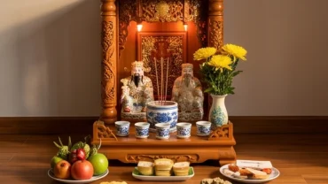 Bàn thờ Thần Tài phong thủy an vị trang nghiêm sát nền nhà với các vật phẩm được bài trí chuẩn xác