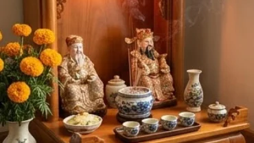 Bàn thờ Thần Tài bằng gỗ được sắp xếp theo đúng cách bài trí bàn thờ Thần Tài cho tuổi Sửu với đầy đủ vật phẩm chiêu tài