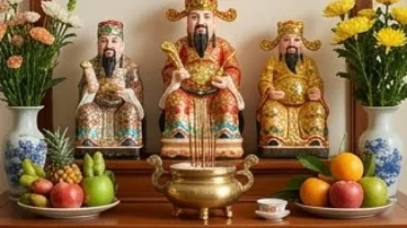 Bàn thờ Thần Tài Thổ Địa được bài trí trang nghiêm, đầy đủ vật phẩm phong thủy rực rỡ