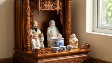 Bàn thờ Thần Tài Thổ Địa bằng gỗ tự nhiên sậm màu thể hiện chuẩn xác cách bài trí bàn thờ thần tài cho tuổi tý