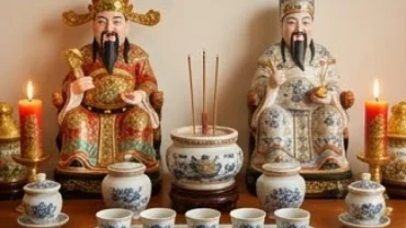 Bàn thờ Thần Tài Thổ Địa được bài trí trang nghiêm, đầy đủ vật phẩm phong thủy giúp chiêu tài lộc cho gia chủ tuổi Tỵ