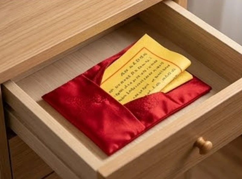 Văn khấn bán khoán con vào chùa: Sắm lễ vật và thủ tục đầy đủ 9 Tờ sớ bán khoán được bọc gọn gàng trong túi lụa đỏ đặt tại ngăn kéo gỗ sạch sẽ