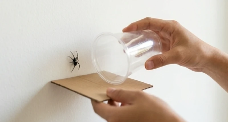 Nhện đen trong nhà là điềm gì: Giải mã kích thước và hành vi 6 Bàn tay cầm chiếc hộp nhựa trong suốt úp lên con nhện đen trên tường