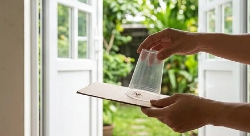 Sử dụng một chiếc cốc nhựa trong và mảnh bìa cứng để cẩn thận đưa con nhện lạ ra ngoài không gian vườn cây