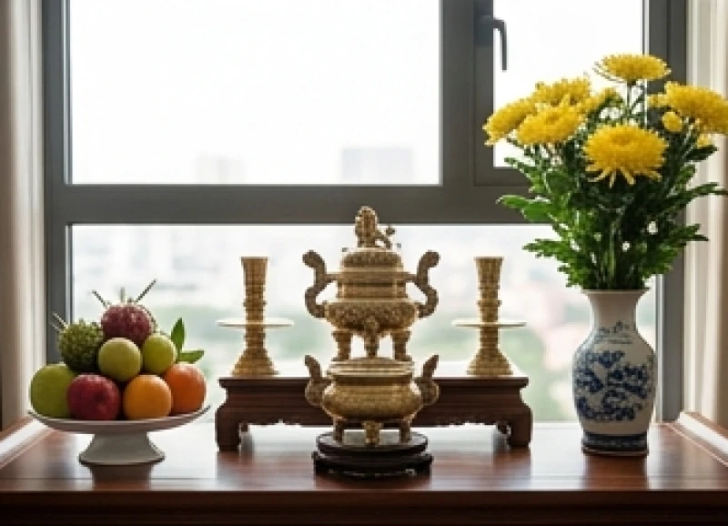Ba bát hương tam sơn và mâm bồng đĩa quả hoa tươi trên bàn thờ gia tiên