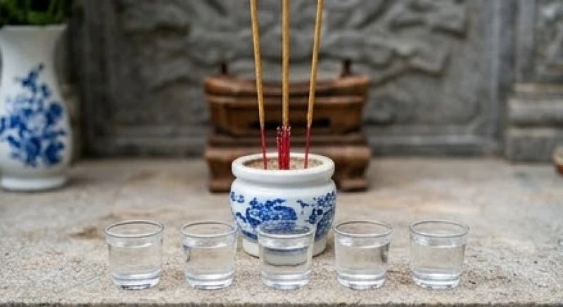 Văn khấn ngoài trời mùng 1: Trình tự cúng, mâm lễ & giờ tốt 4 Năm chén nước lọc tinh khiết và ba nén nhang đang cháy trên mâm lễ cúng ngày mùng 1