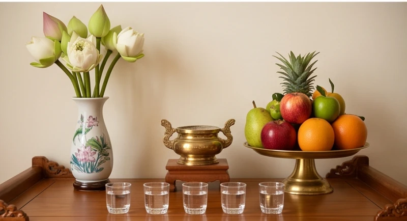 Văn khấn gia tiên mùng 1: Bài cúng chuẩn, giờ tốt & kiêng kỵ 6 Đĩa trái cây và bình hoa tươi được bố trí cân xứng hai bên bàn thờ theo quy tắc Đông bình Tây quả