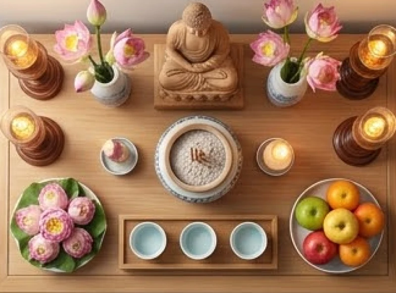 Sơ đồ bày biện đồ thờ cúng Phật với bát hương ở trung tâm cùng mâm ngũ quả cân xứng