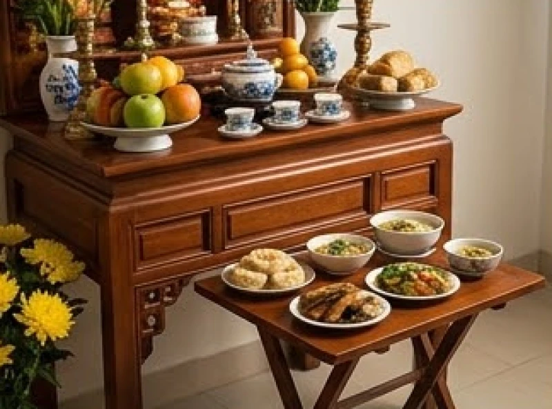 Ban thờ Tứ Phủ được chia tầng rõ rệt với lễ chay ở ban Thượng và các kỷ nhỏ đặt đồ mặn ở mâm phụ phía dưới