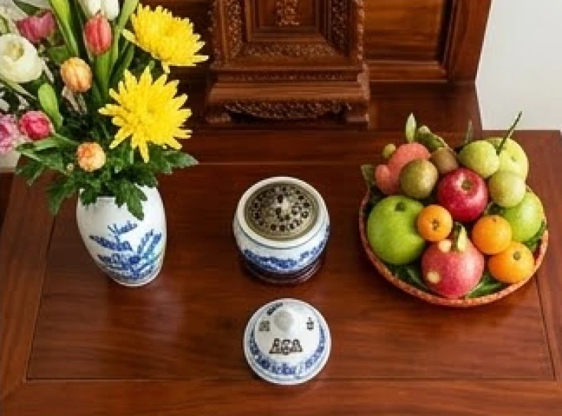 Mâm ngũ quả và bình hoa tươi được sắp xếp cân đối hai bên lư hương trên bàn thờ