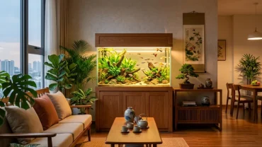 Không gian nội thất phòng khách thể hiện cách bố trí bể cá trong nhà hợp tuổi hợi chuẩn phong thủy