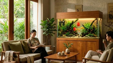 Không gian phòng khách với cách bố trí bể cá trong nhà hợp tuổi mùi chuẩn phong thủy giúp cân bằng năng lượng