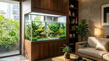 Sơ đồ và cách bố trí bể cá trong nhà hợp tuổi Tý với đàn cá chép Koi bơi lội giữa không gian phòng khách hiện đại