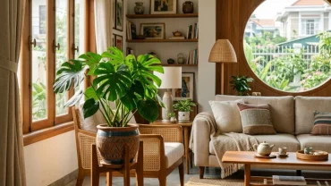 Không gian phòng khách hiện đại áp dụng cách bố trí cây cảnh trong nhà hợp tuổi dậu chuẩn phong thủy