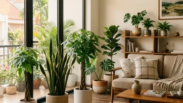 Không gian phòng khách hiện đại kiểu Việt Nam thể hiện cách bố trí cây cảnh trong nhà hợp tuổi sửu giúp thu hút vượng khí