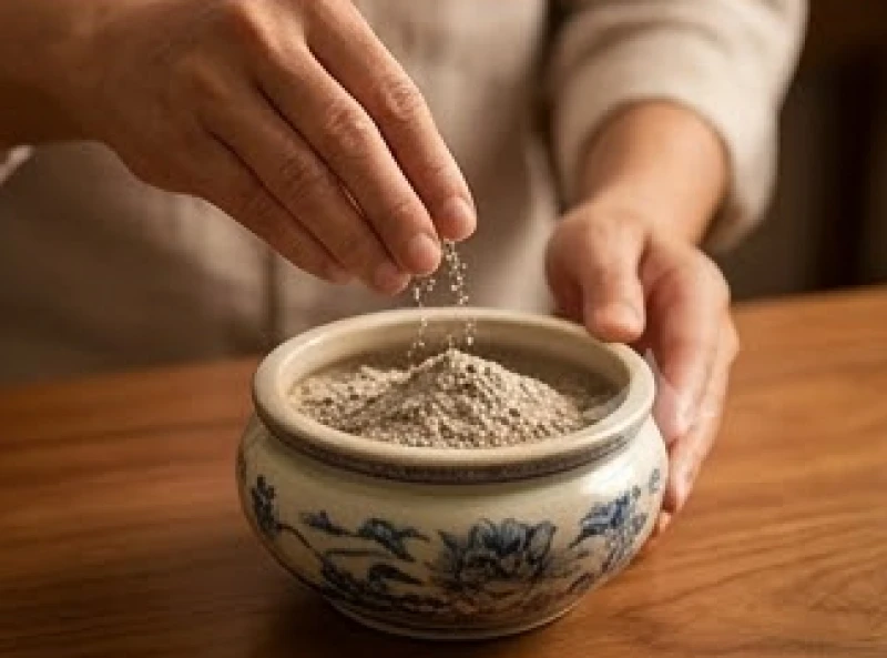Đôi bàn tay đang cẩn thận thả từng nắm tro nếp sạch sẽ vào bát hương theo chu kỳ đếm Sinh Lão Bệnh Tử