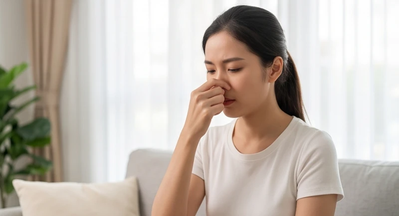 Người phụ nữ hơi cúi đầu về phía trước và dùng hai ngón tay bóp chặt cánh mũi để tự cầm máu