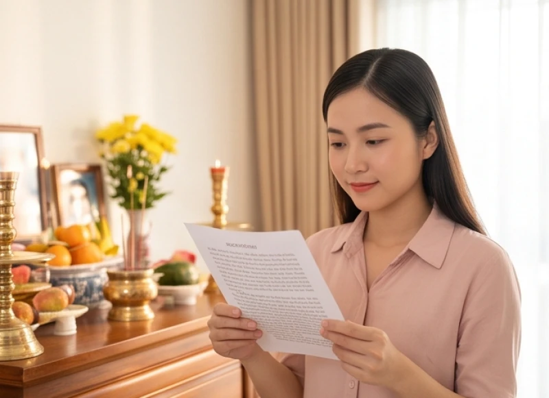 Có cần đọc văn khấn thành tiếng không: Quy tắc chọn âm lượng chuẩn 7 Người trẻ nâng tờ giấy in văn khấn ngang tầm ngực khi đứng trước ban thờ