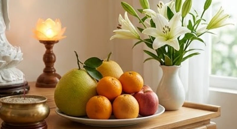 Đĩa ngũ quả và bình hoa cúc vàng nguyên vẹn cành lá được bài trí đẹp mắt dâng lên Quan Âm