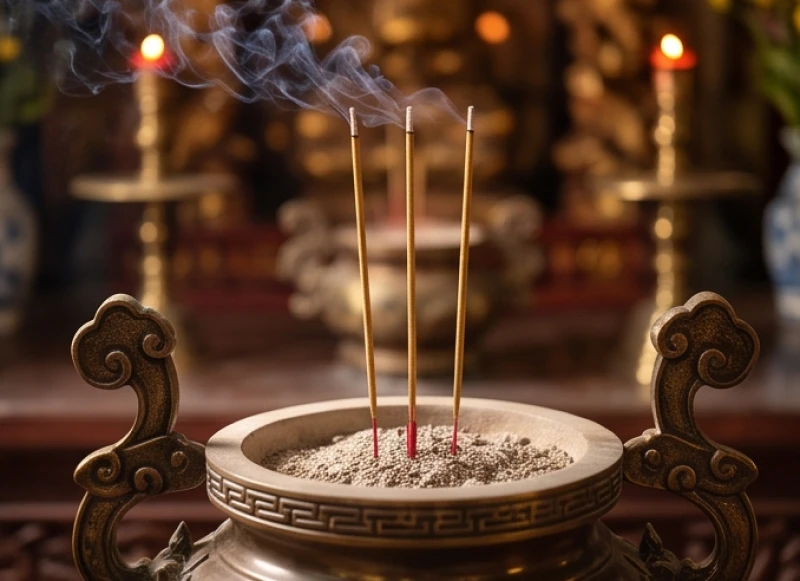 Văn khấn tại miếu: Hướng dẫn sắm lễ, bài trí và bài khấn chuẩn 7 Ba nén hương đang cháy đỏ được cắm thẳng đứng và gọn gàng trong bát hương đồng