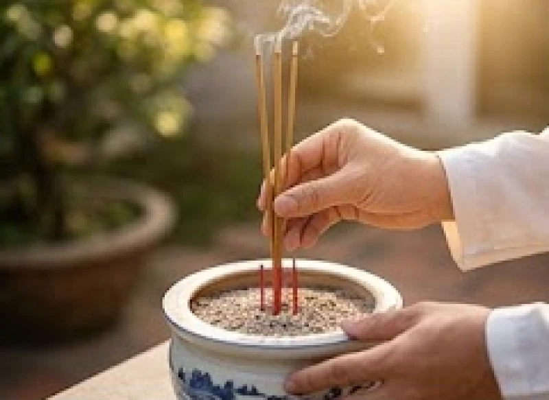 Đôi bàn tay cẩn thận cắm thẳng từng nén hương vào giữa bát nhang một cách trang nghiêm