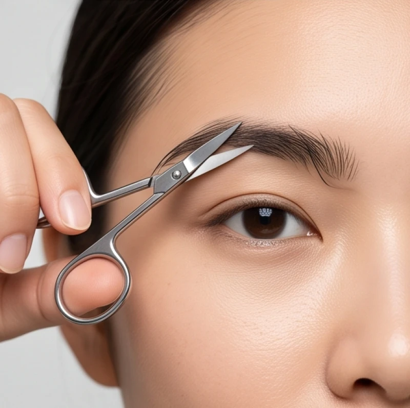 Thao tác dùng chiếc kéo bấm chuyên dụng nhỏ gọn để cắt tỉa phần ngọn của sợi lông mày dài nhằm bảo vệ thị lực