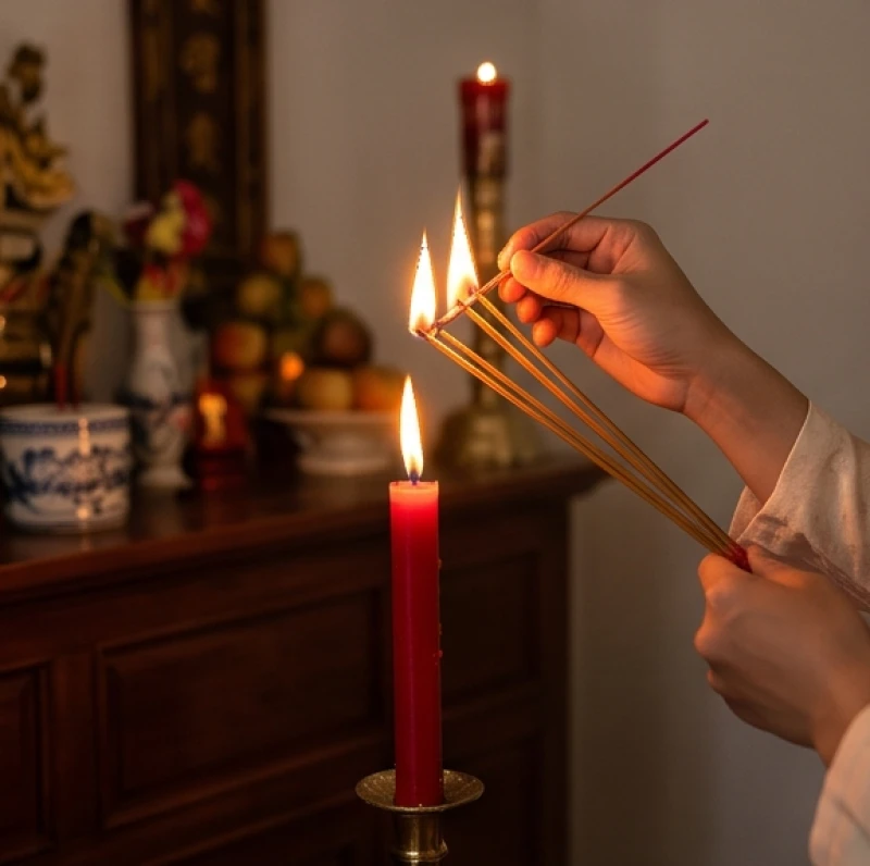 Văn khấn lễ cưới hỏi: Mẫu chuẩn từng nghi lễ và cách hành lễ 5 Hai bàn tay chụm lại cầm nén hương hơ nhẹ trên ngọn lửa nến đỏ tại bàn thờ