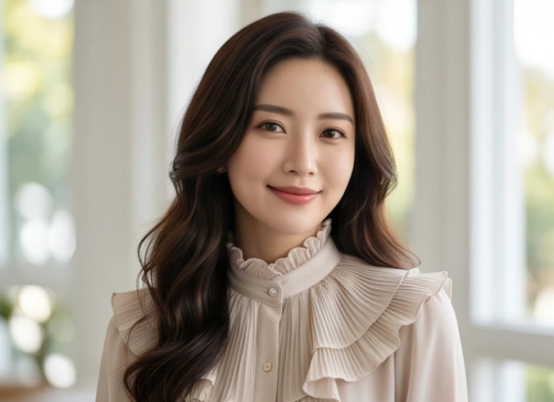 Nữ giới tinh tế sử dụng chiếc áo sơ mi có cổ bèo nhún để tạo điểm nhấn thẩm mỹ và che đi sụn giáp nhô cao