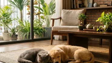 Chú chó lông vàng và mèo xám bên cạnh chậu cây cảnh minh họa cho cách chọn pet hợp tuổi dậu theo ngũ hành phong thủy