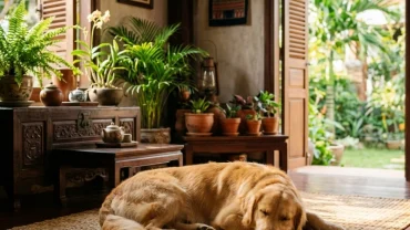 Chú chó màu vàng nằm trên thảm tre trong không gian sống đậm chất Việt Nam minh họa cách chọn pet hợp tuổi mão