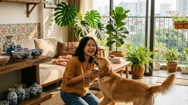 Không gian sống ấm cúng với chú chó cưng minh họa cho cách chọn pet hợp tuổi ngọ giúp cân bằng năng lượng trong nhà