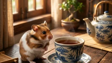 Chú chuột hamster đáng yêu đặt cạnh tách trà gốm sứ Việt Nam minh họa cách chọn pet hợp tuổi thân