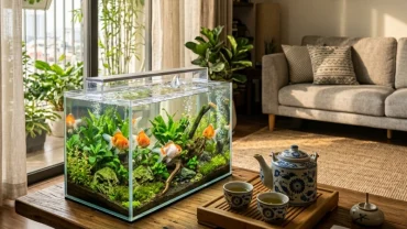 Bể cá cảnh thủy sinh và lồng chim hoàng yến làm hình ảnh minh họa cho cách chọn pet hợp tuổi thìn