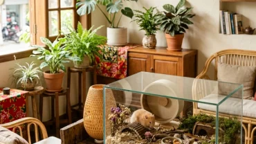 Một chú chuột hamster đáng yêu được nuôi trong lồng kính làm ví dụ cho cách chọn pet hợp tuổi Tý chuẩn phong thủy