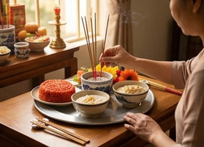 Gia đình đang thắp hương và chuẩn bị mâm cúng đầy tháng cho bé trai theo phong tục truyền thống