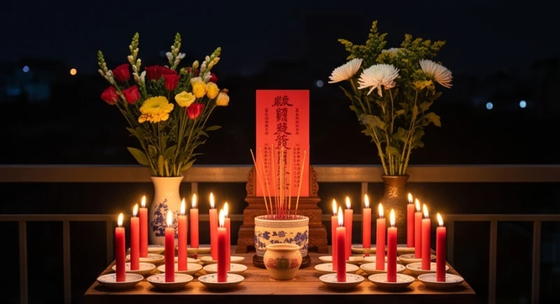 Mâm cúng sao Vân Hán trang nghiêm với 15 ngọn nến đỏ được đặt quay về hướng Nam